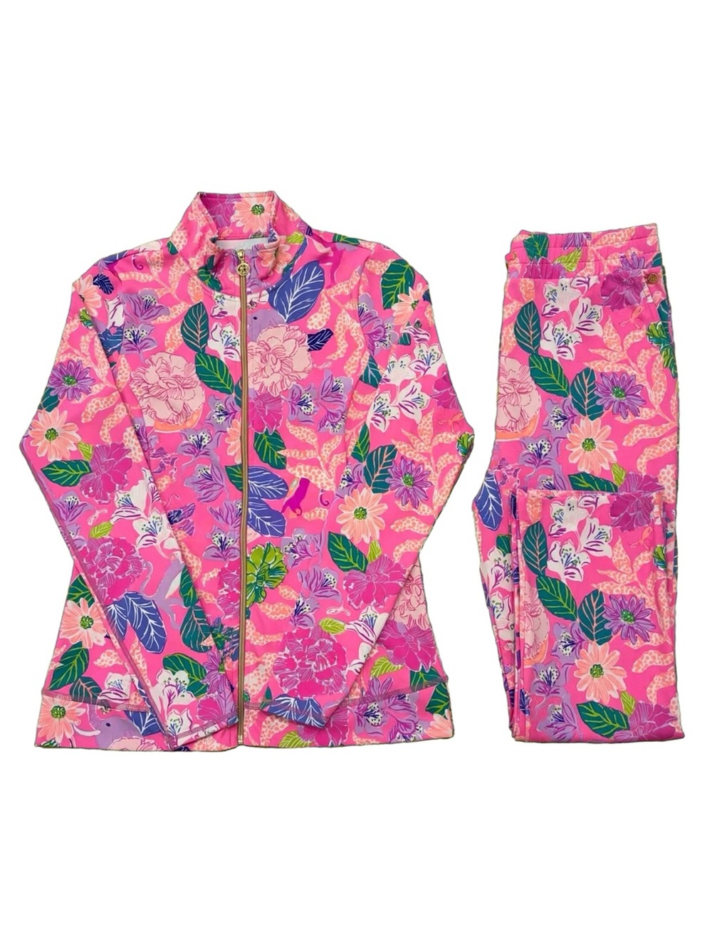 Lilly Pulitzer Luxletic Active Set Pink Tropical Floral zip Jacket + pants MED